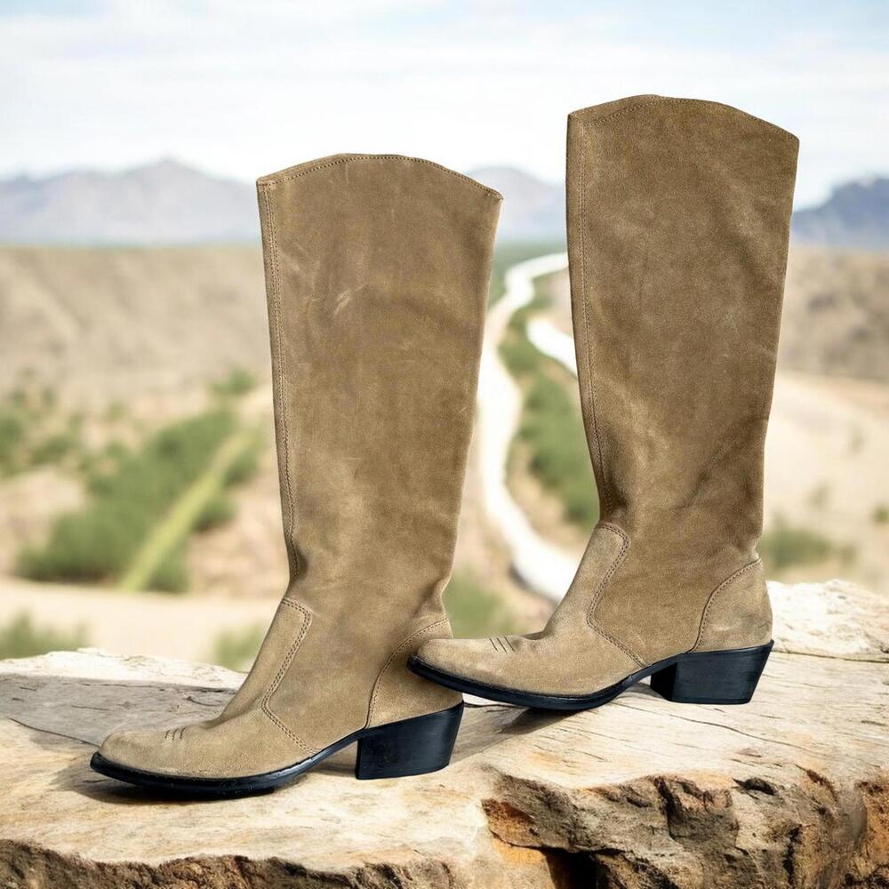 Zara Tan Suede Knee-High Cowboy Boots Size 39